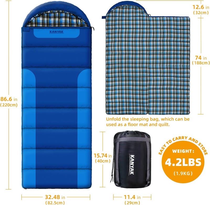 Kanyak Cotton Flannel Lined Sleeping Bag for Adults Teens Kids, Cold Weather &Warm, 3 Seasons, Lightweight Compact Camping Essentials Equipment, Hiking, Outdoor, Travel - Image 2